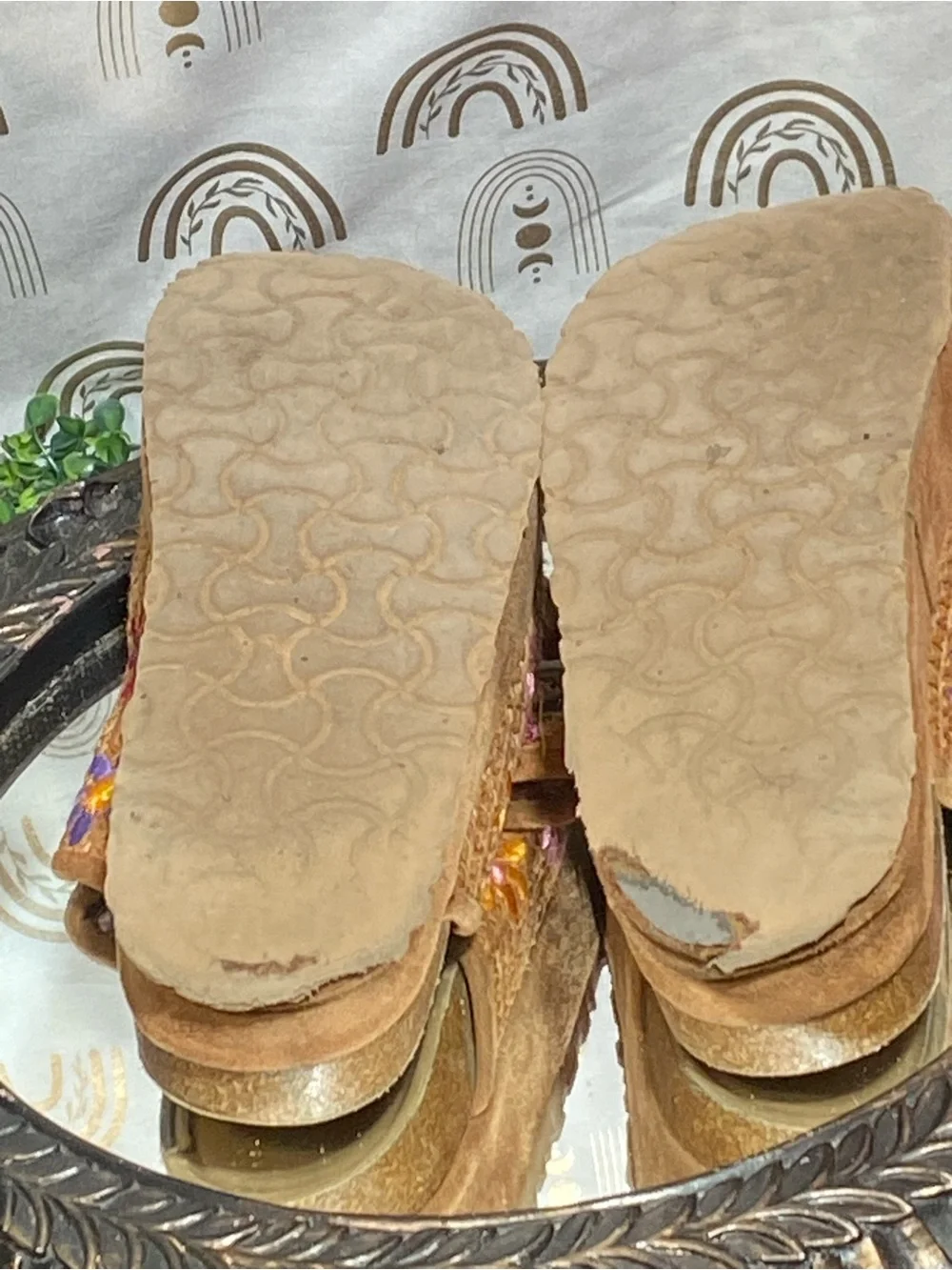 Embroidered Tan Suede Platform Slide Sandals with Buckles